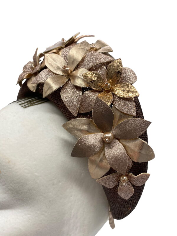 Bronze/brown halo crown with beautiful rose gold coloured flower detail.